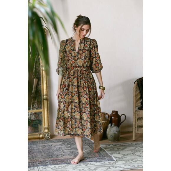 Mille Celeste 100% Midi Dress Sunset Floral Block Print Brown M - Picture 1 of 9